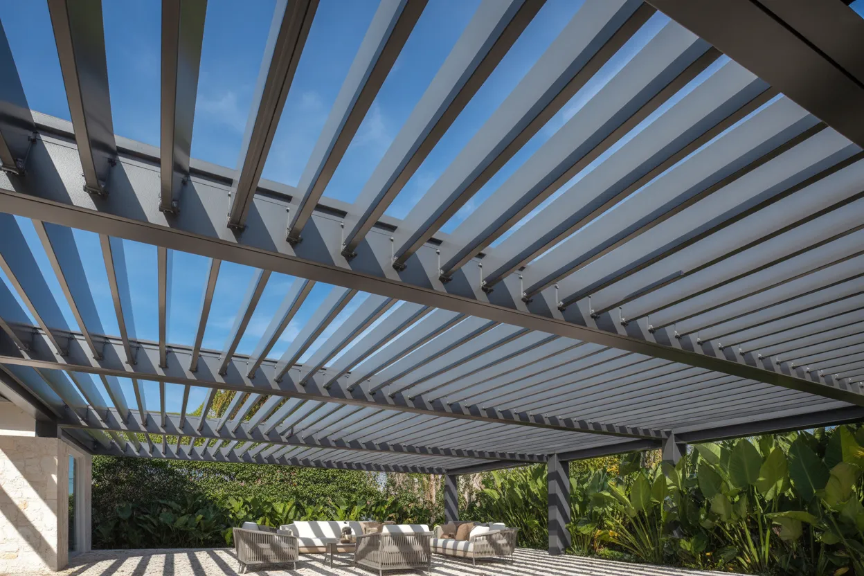 Louvered roof pergola system over outdoor dining area